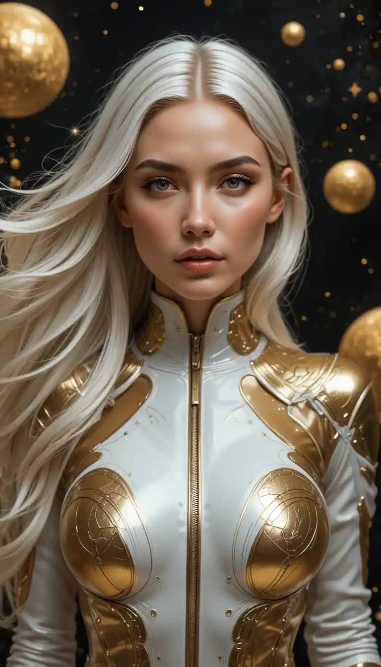 Sci-Fi-Frau aus der Nähe mit wehenden weißen Haaren in der Galaxie