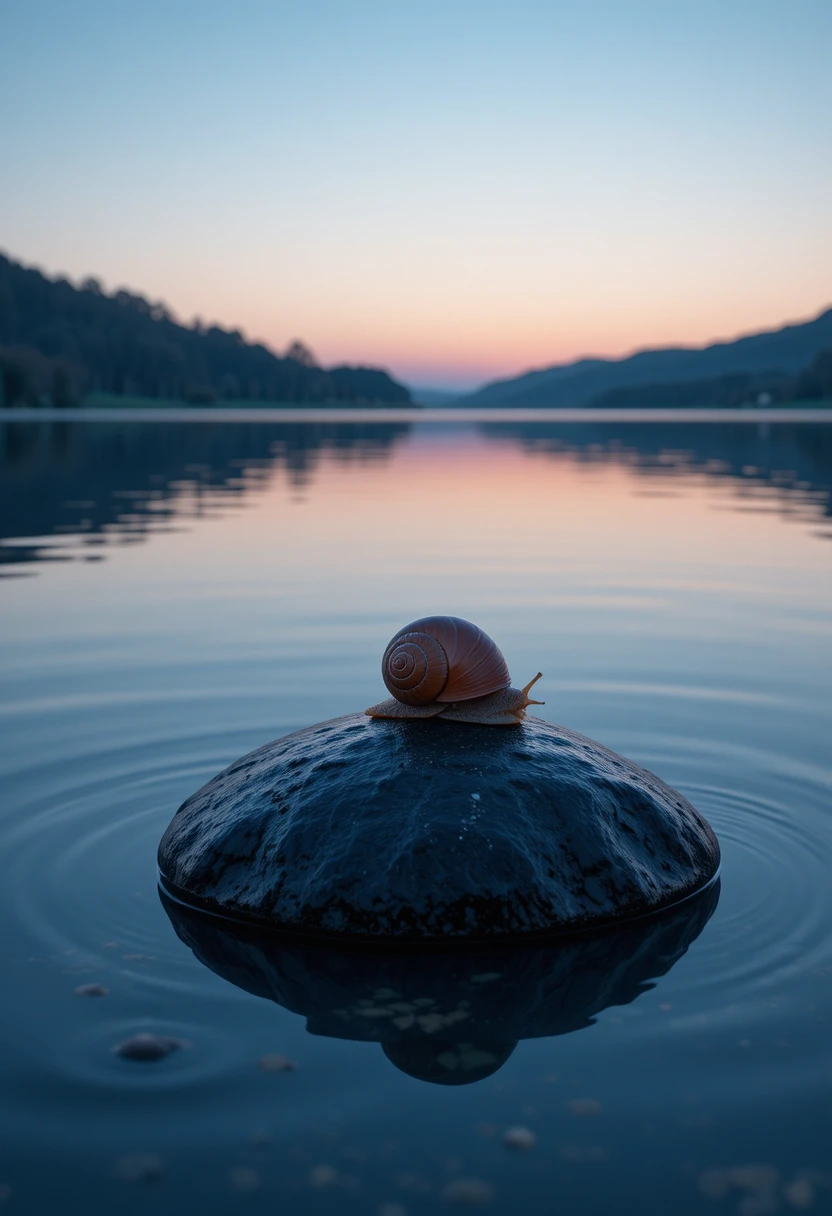 Escargot de mer solitaire sur une pierre au bord d’un lac calme et reflétant