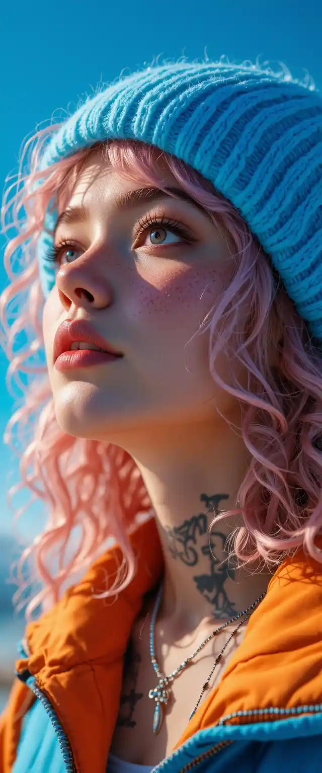 Ragazza dai capelli rosa con berretto e tatuaggi che guarda verso l’alto