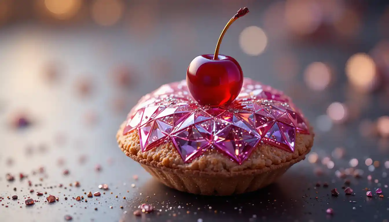 Dessert di lusso come un gioiello con sfoglia di diamante e ciliegia rubino