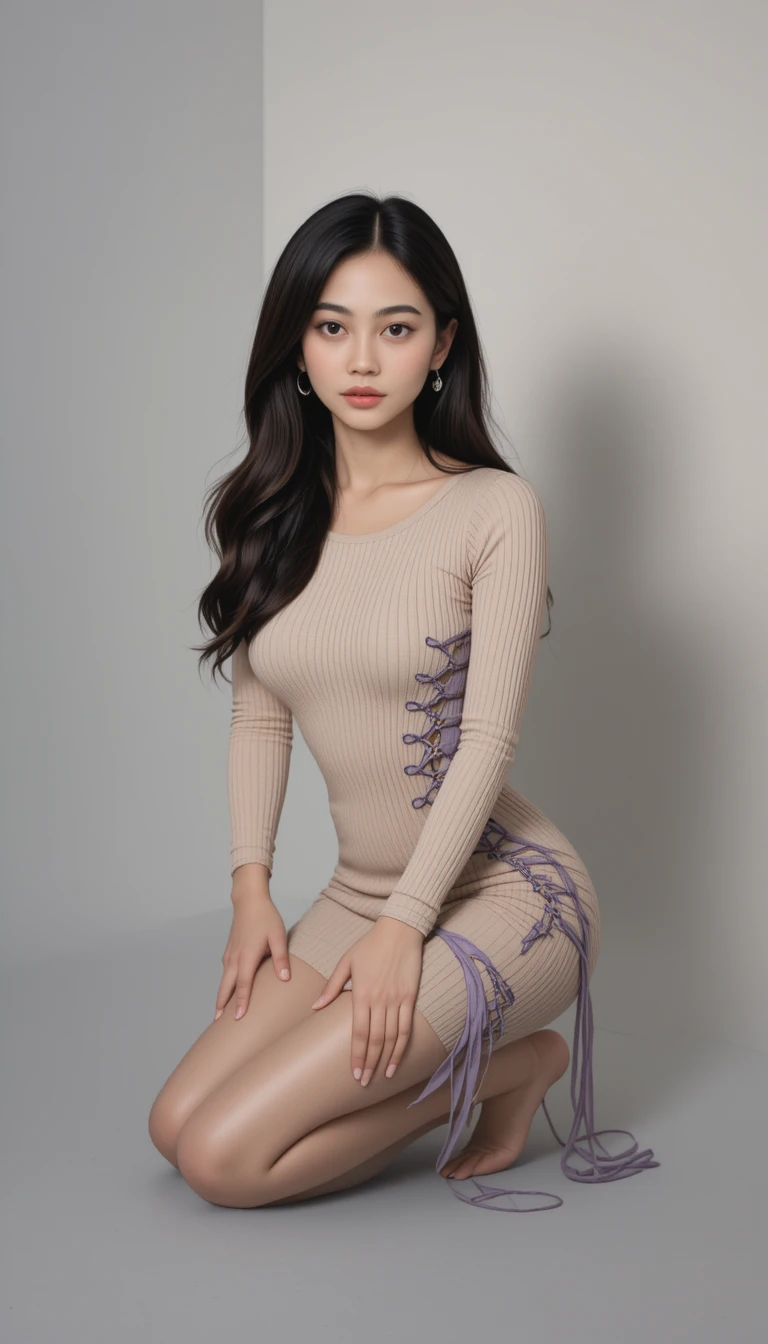 Young woman in beige dress posing in soft studio light