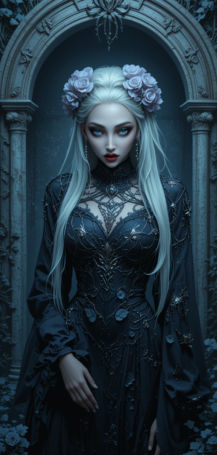Mourning women pass a tomb in a dark silent room