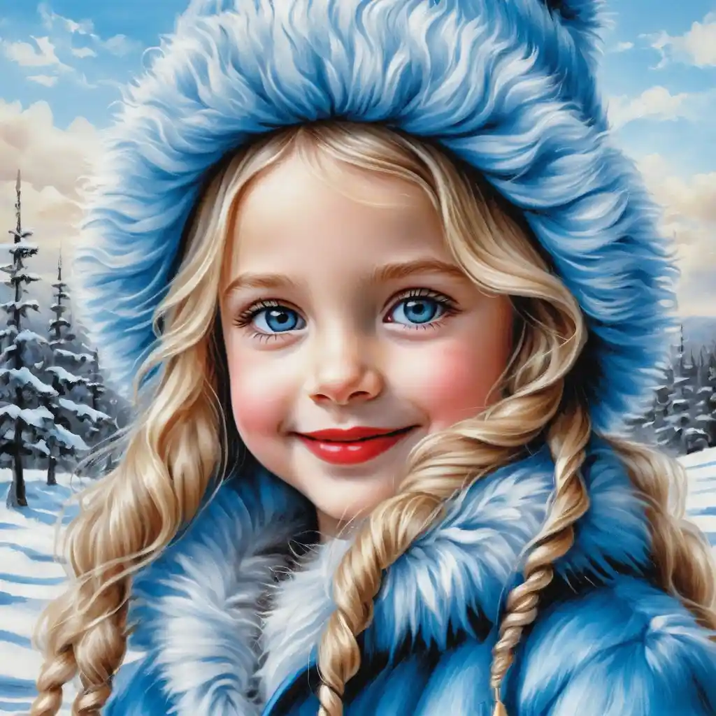 Fille d’hiver souriante avec chapeau de fourrure bleu et chiot