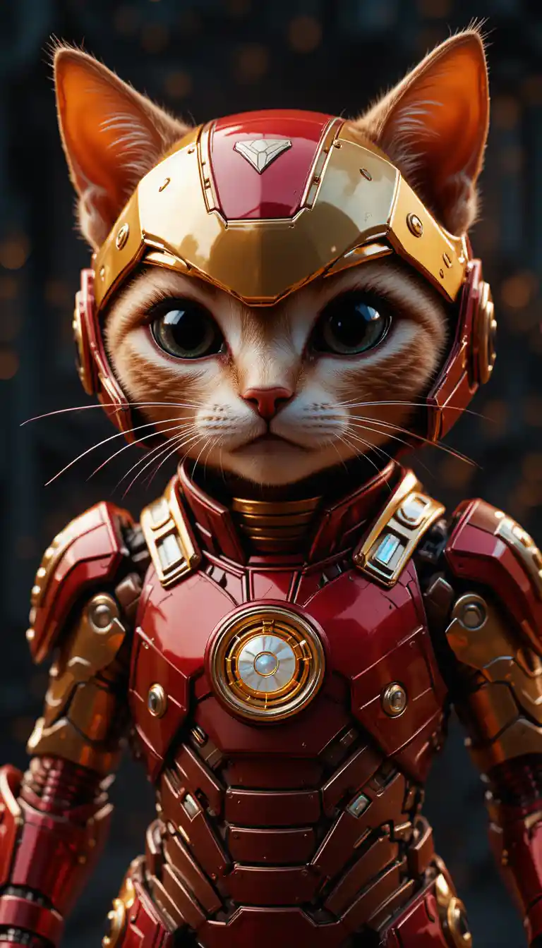 Armored red and gold 3D cat with glowing chest plate