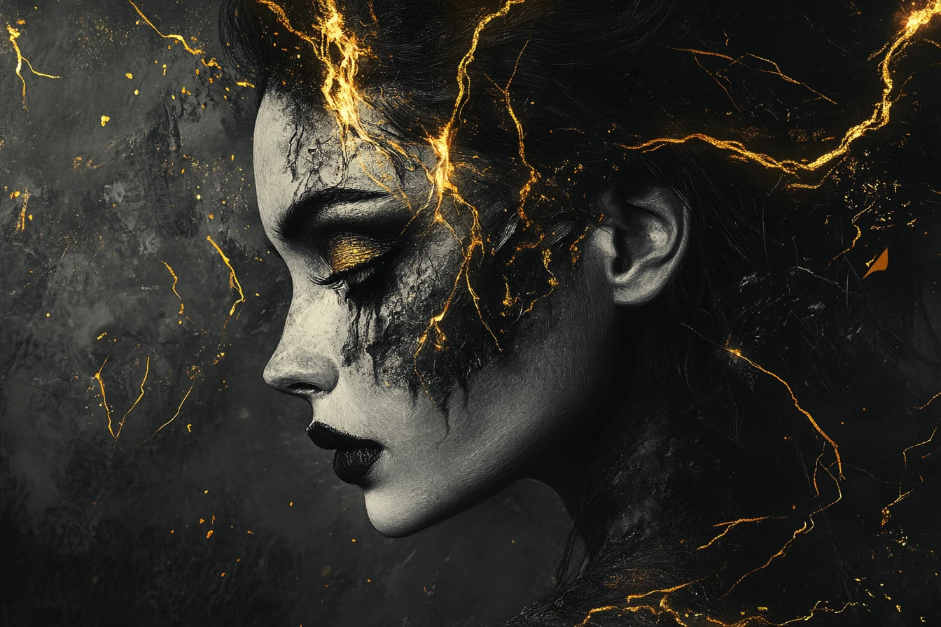 Figura femenina de fantasía oscura con acentos mágicos y brillantes