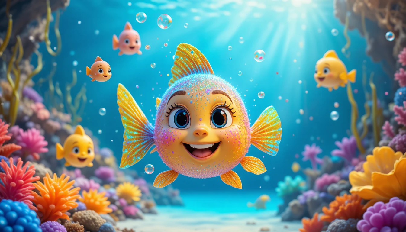 Joyful 3D rainbow fish swimming in a colorful reef