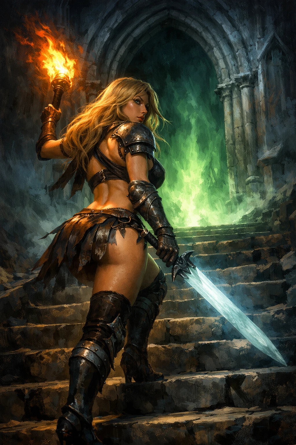 Fantasy warrior climbing toward a shadowy cathedral entrance