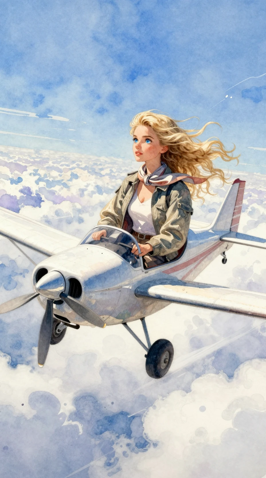 青空の下を飛ぶ金髪パイロットの水彩飛行機ポートレート