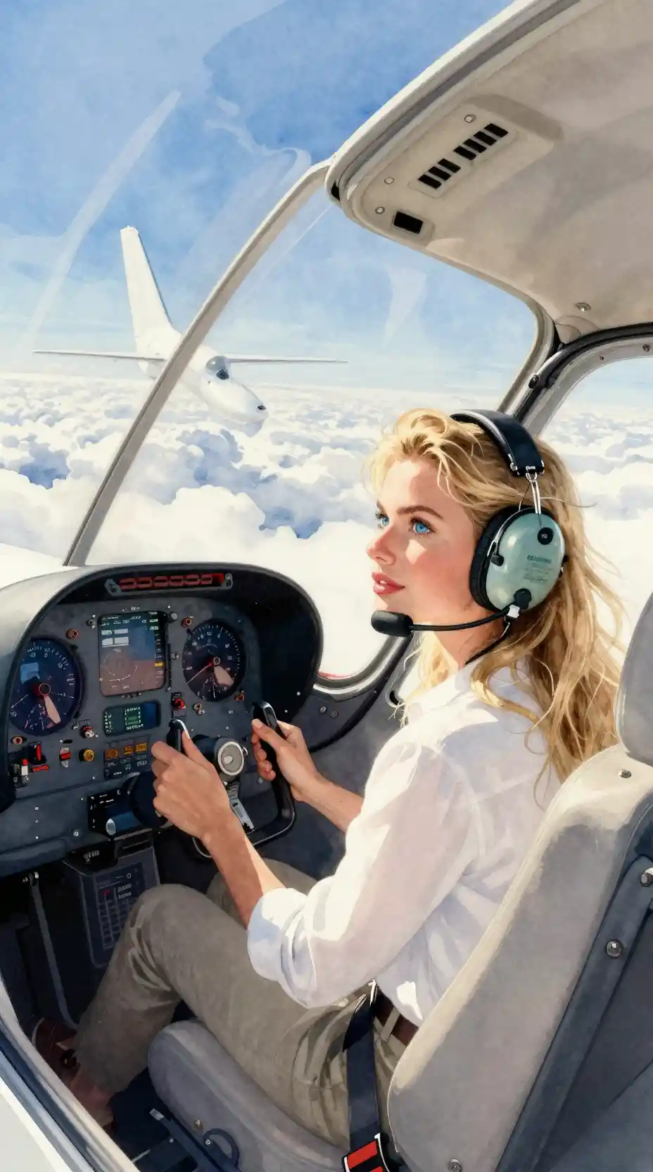 Watercolor portrait of a blonde pilot in a light airplane cockpit