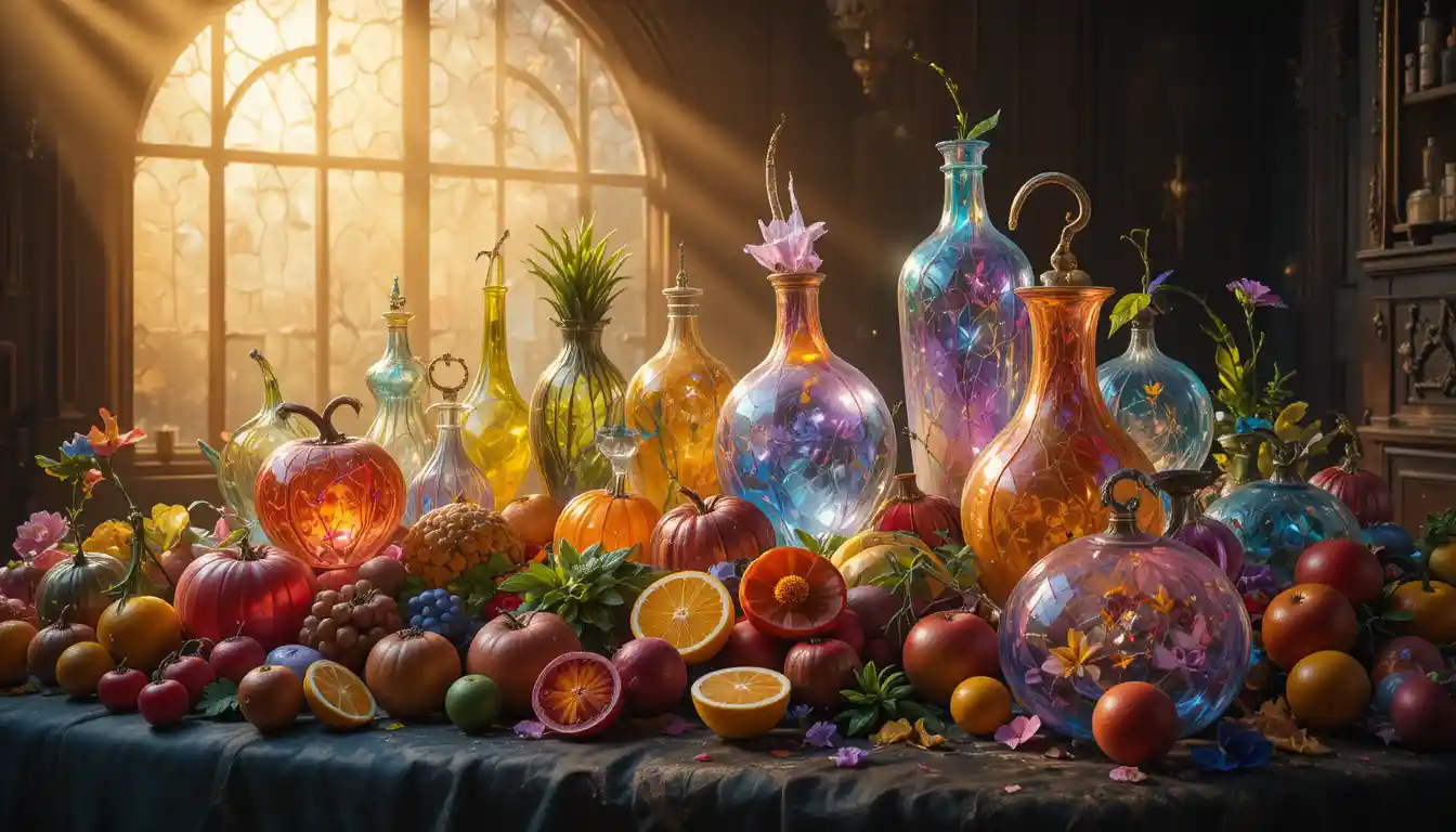 Surreal stained glass still life of glowing food objects