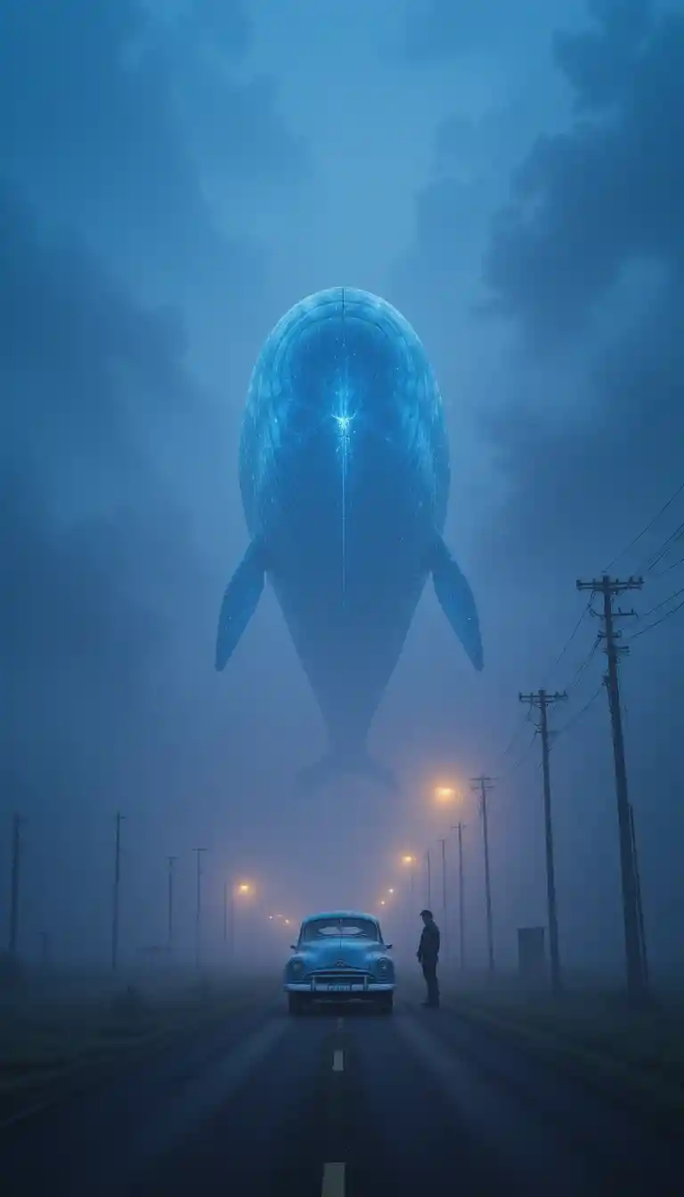 Spectral whale hovering above a foggy road at night