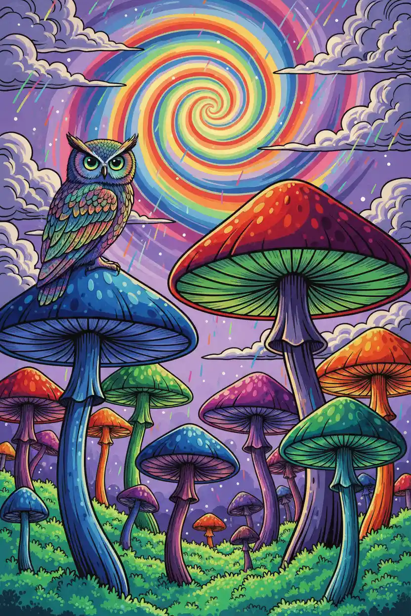 Owl Overlooking A Forest Of Giant Enchanted Mushrooms