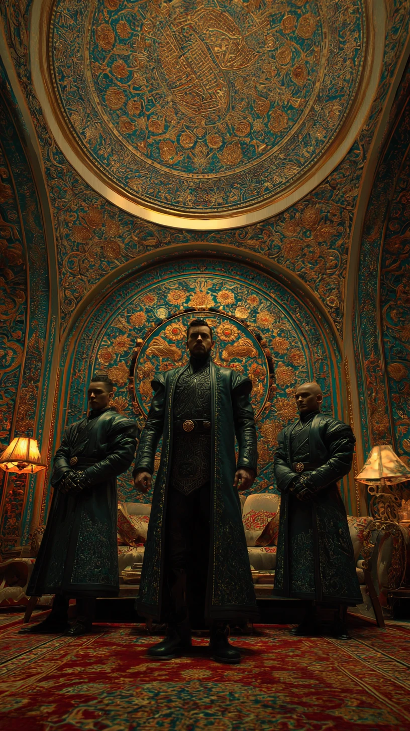 Guardas futuristas em um quarto de palácio cyberpunk à noite