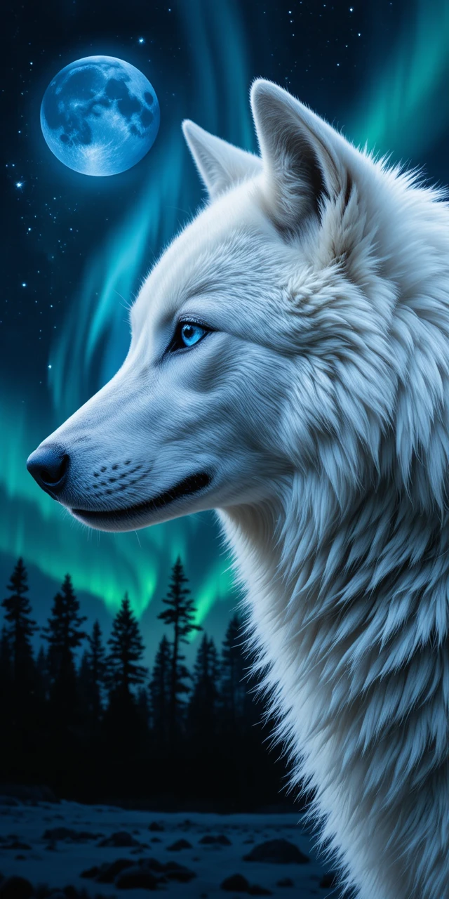 Porträt eines weißen Wolfs mit blauem Auge vor kosmischem Nachthimmel