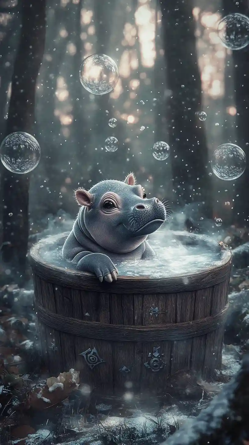 Cucciolo di ippopotamo mistico in una tinozza di legno nella foresta invernale