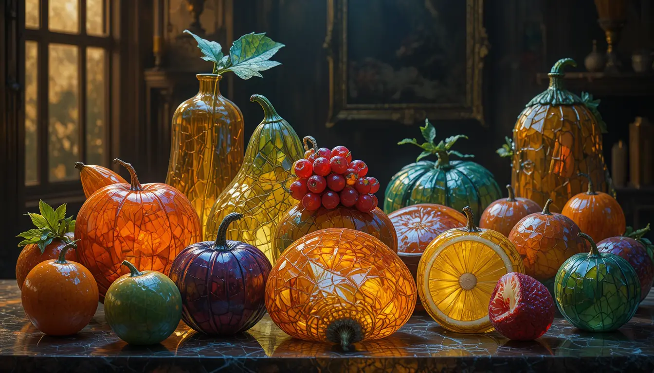 Surreal stained glass still life of glowing food