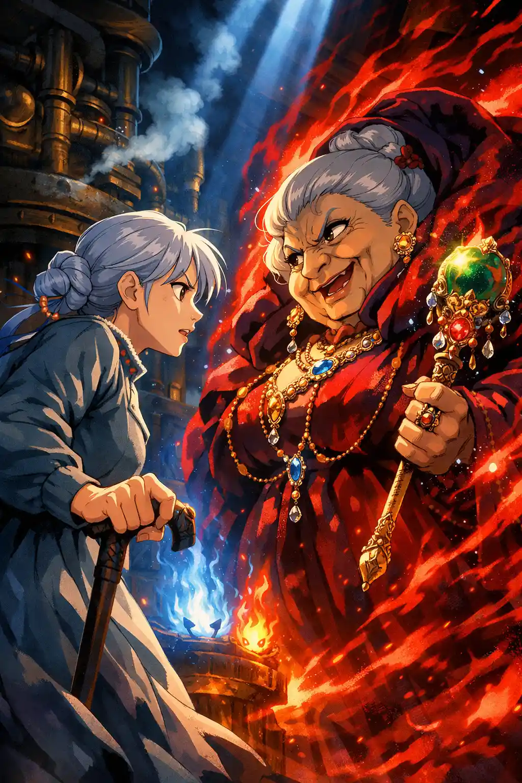 Giovane ragazza sfida una strega in un focolare fantasy luminoso
