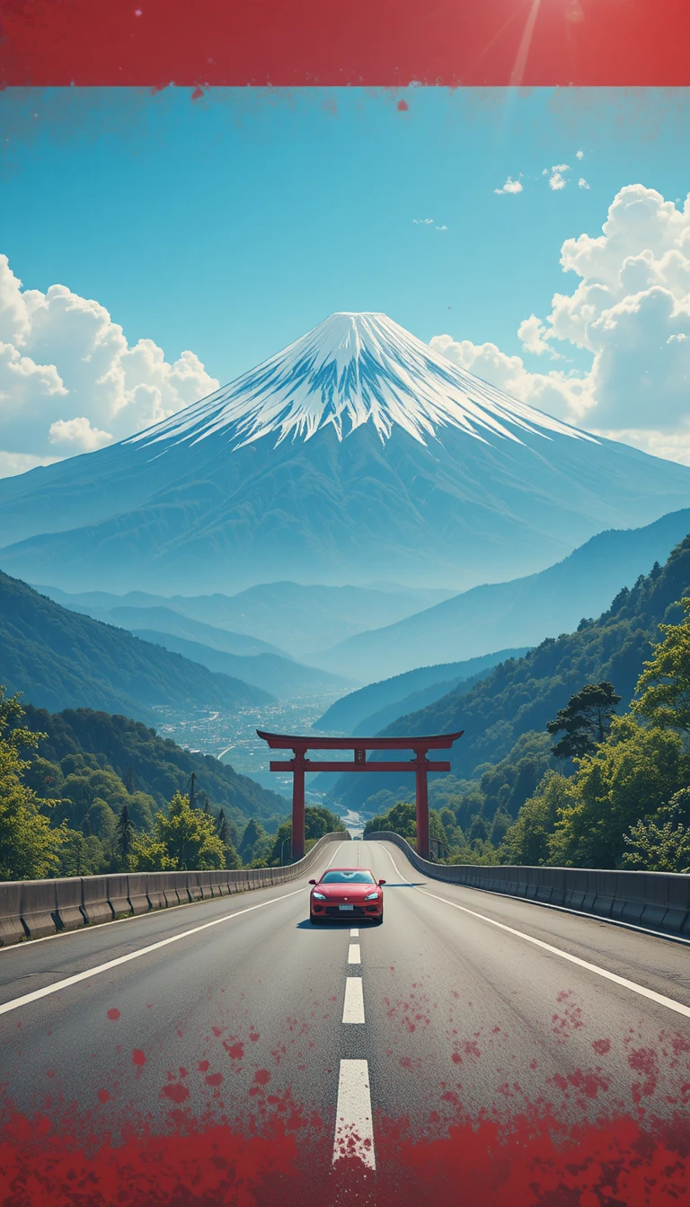Coche deportivo conduciendo entre impresionantes paisajes montañosos de Japón