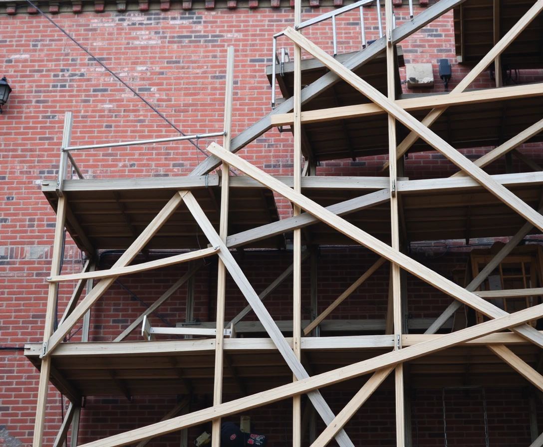 Wooden scaffolding on an old brick building in soft light