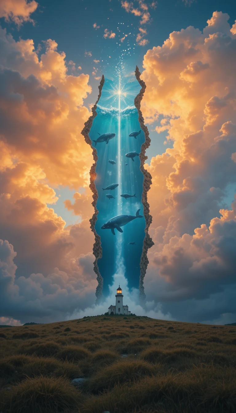Cielo agrietado que revela un océano sobre un faro solitario