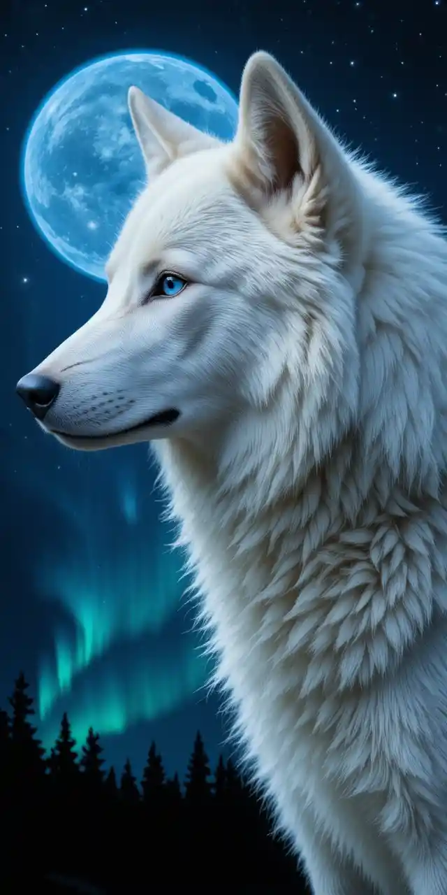 Weißer Wolfskopf mit blauem Auge unter sternenklarem Nachthimmel