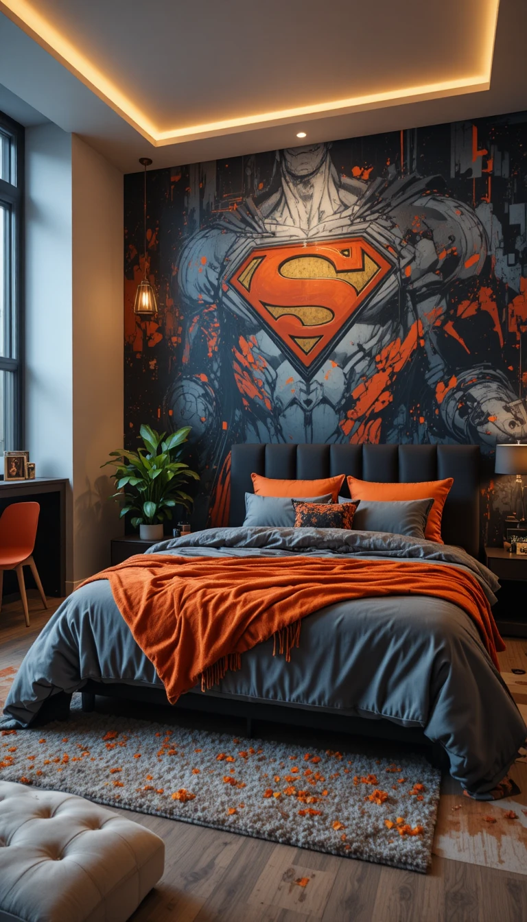Dormitorio moderno con mural atrevido e iluminación cálida y acogedora