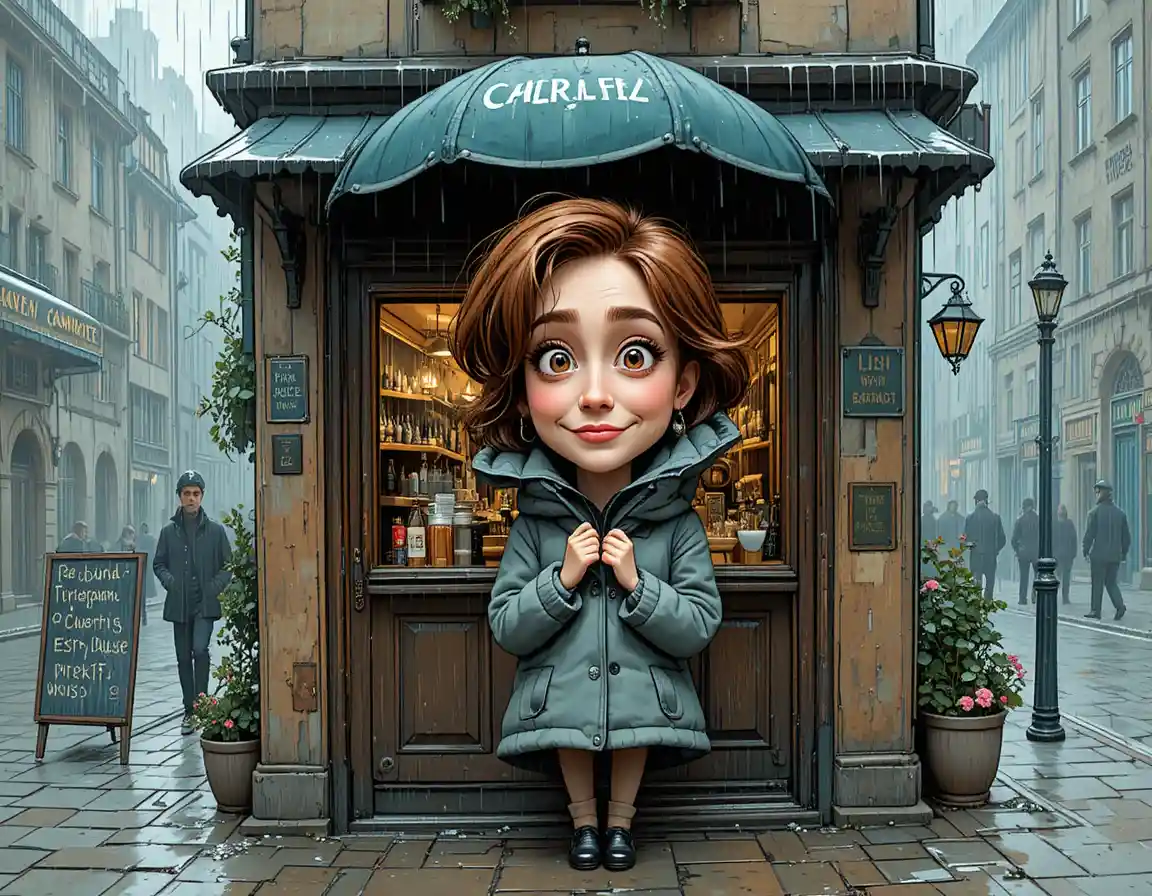Woman sheltering under a café awning on a rainy street