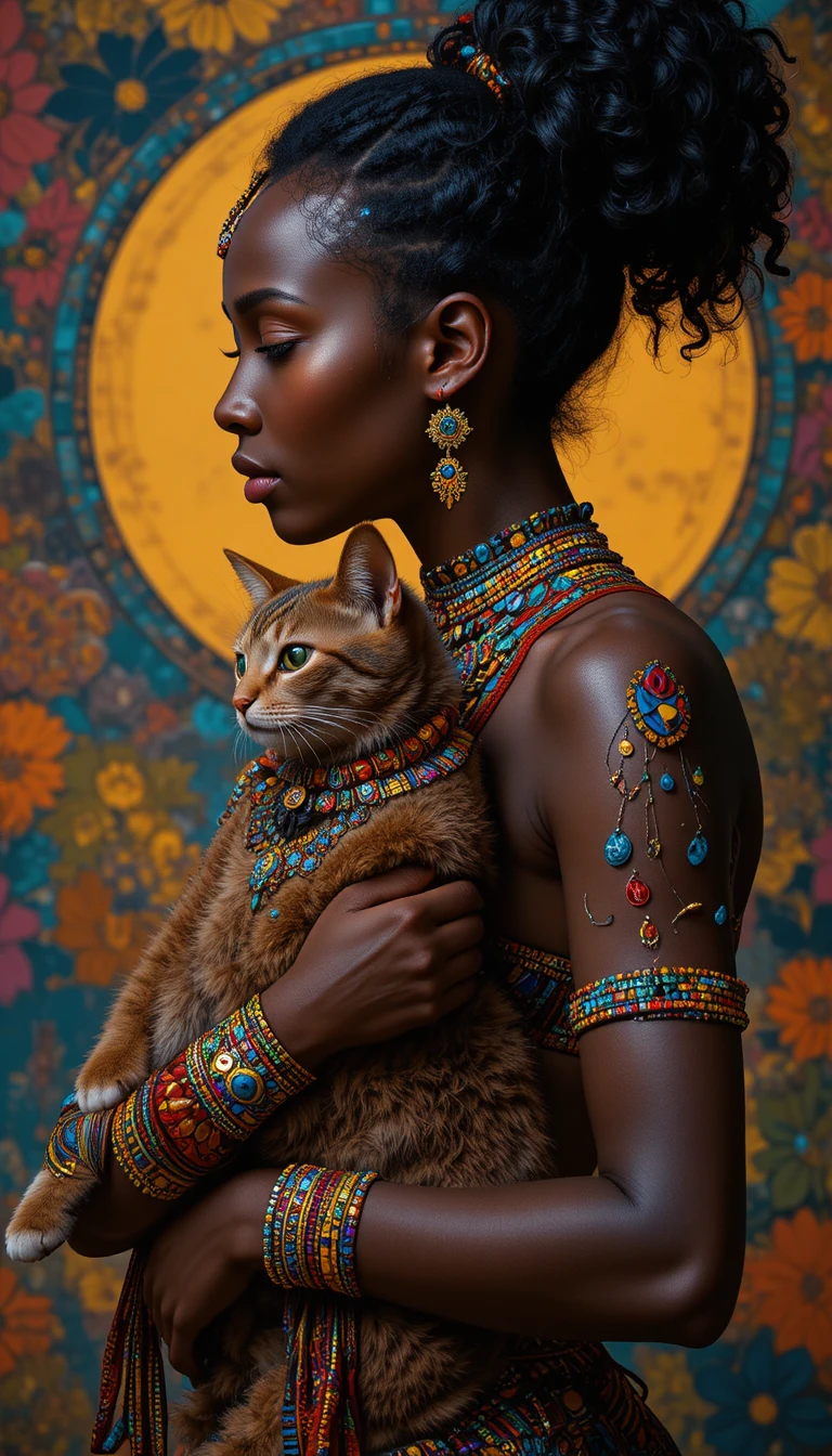 Afrikanische Frau im Profil mit Sphynx-Katze und Schmuck