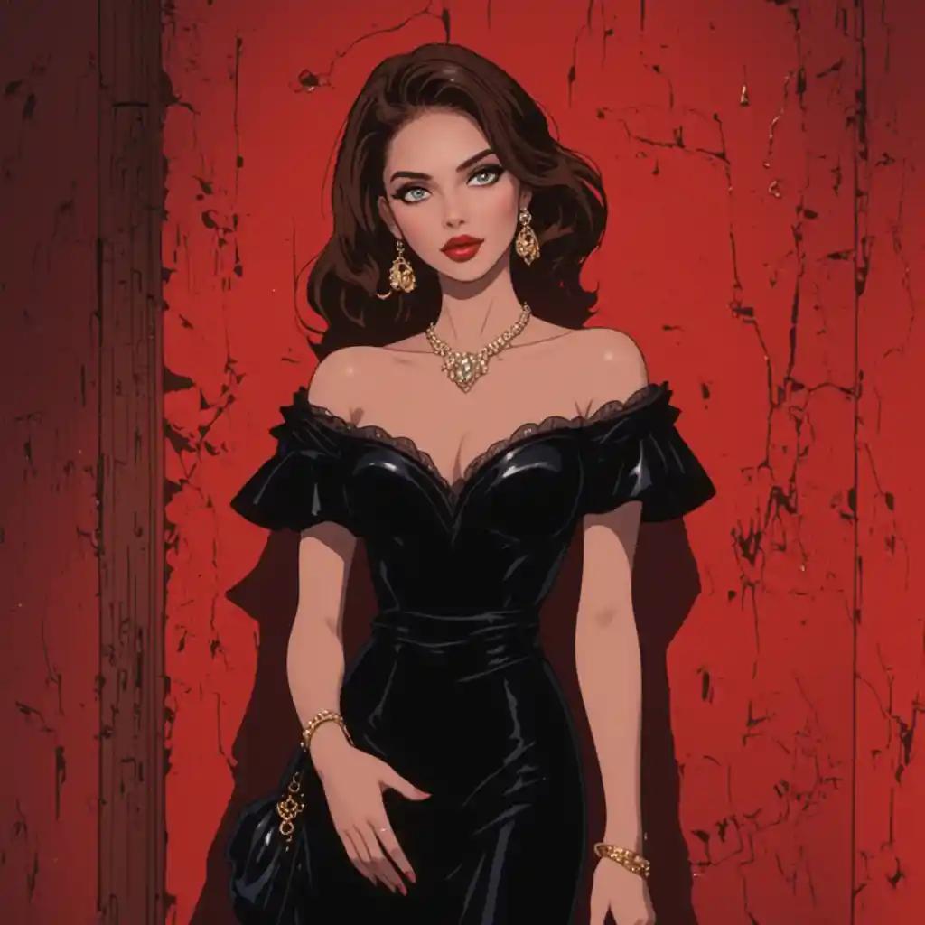 Elegant woman in black gown with gold jewelry