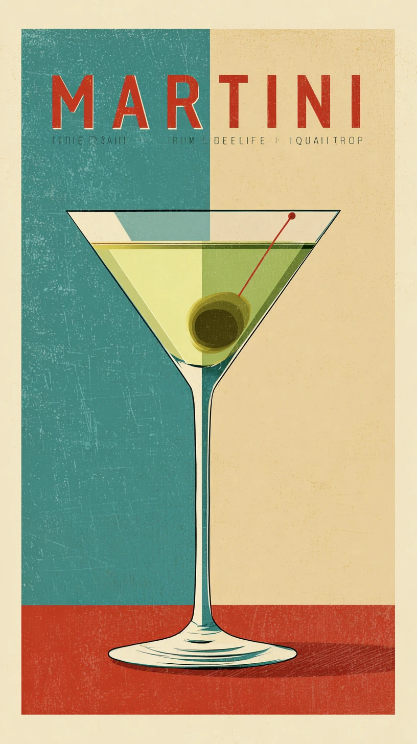 Póster de cóctel martini mid‑century con ilustración de copa centrada