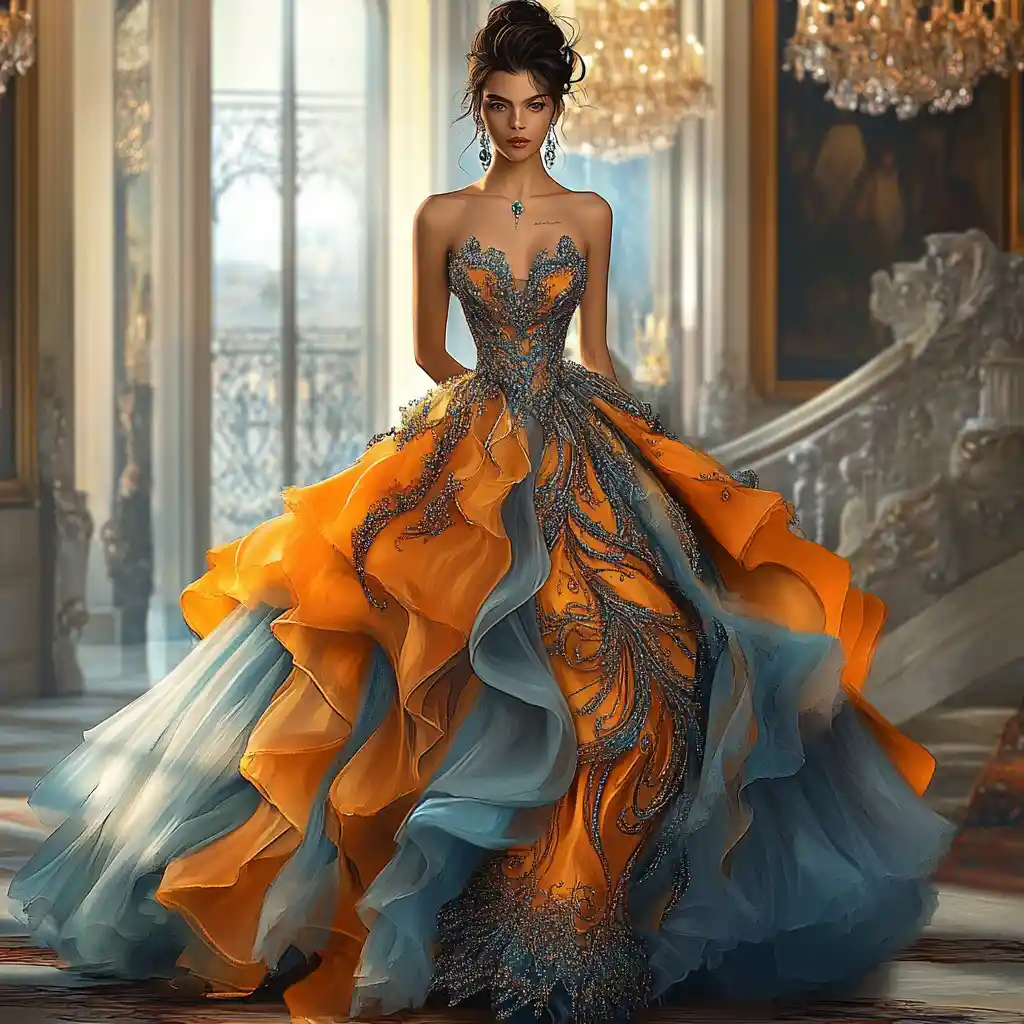 Elegante Frau in geschichtetem orange-blauem Galakleid