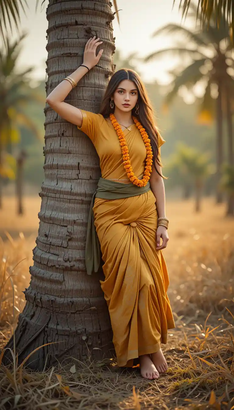 Südindische Frau bei einer Palme zur goldenen Stunde