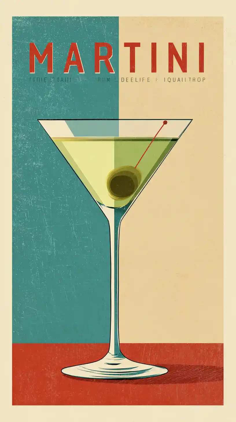 Mid century martini cocktail poster with centered glass illustration