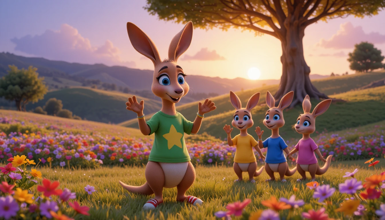 Cute kangaroo family waving goodbye at colorful sunset