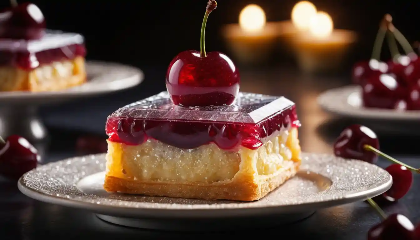 Postre gourmet con forma de pastel joya y cereza rubí