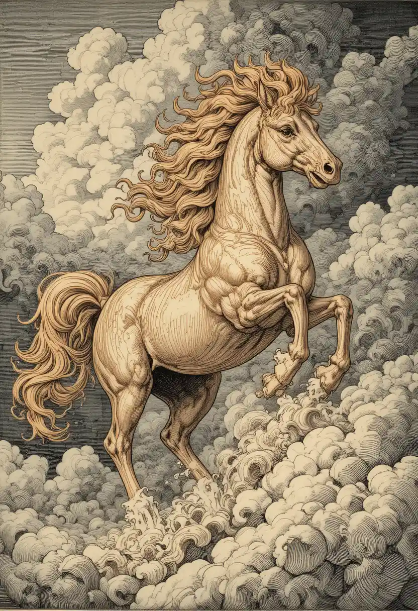 Fiery mythical horse galloping powerfully through swirling clouds