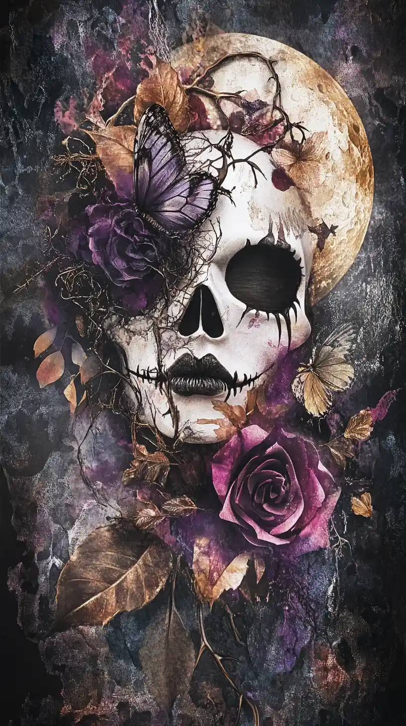 Surreal skull collage with butterfly mask and moon elements