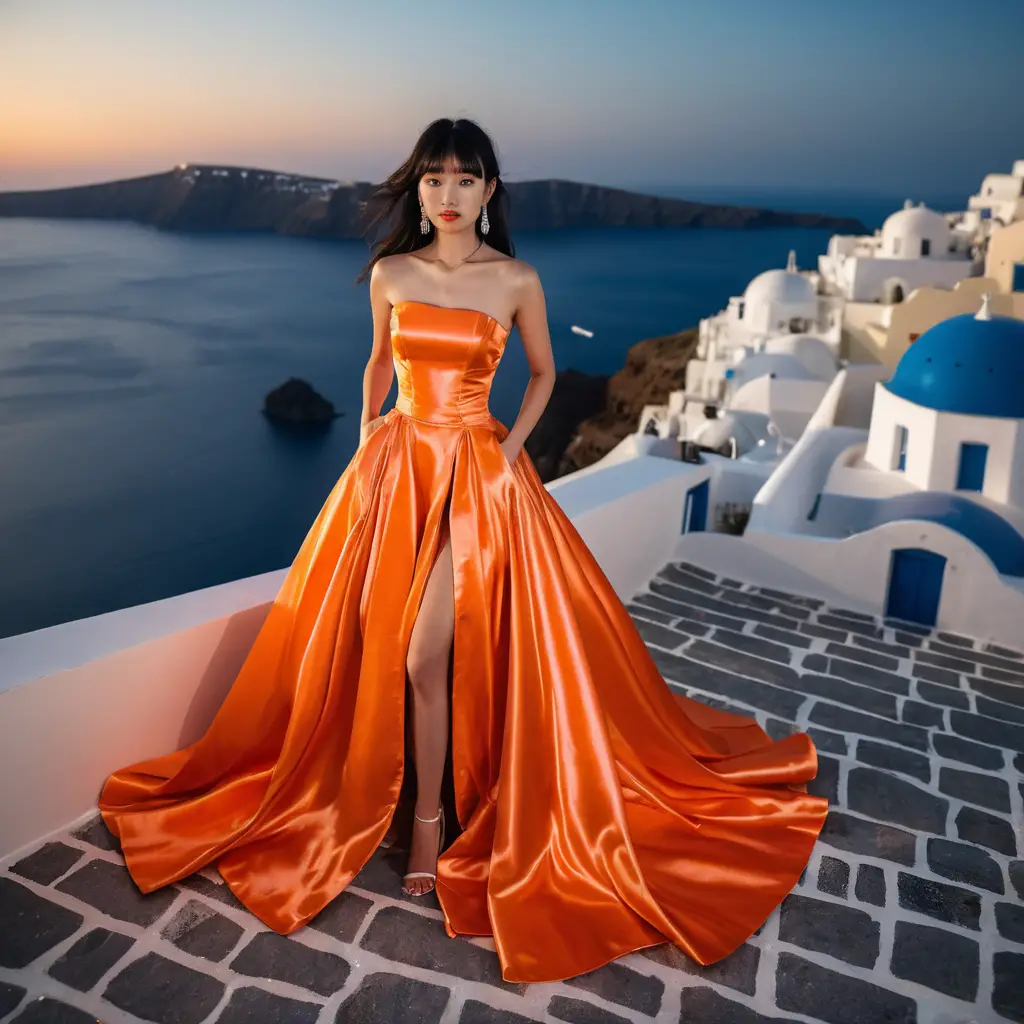 Chica elegante con vestido de satén naranja de noche en Santorini