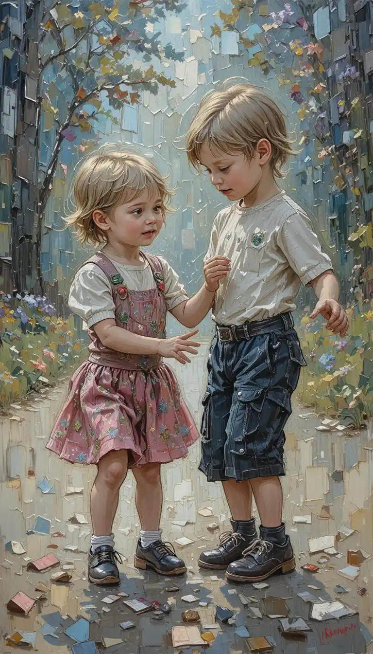 Impressionist oil painting of children playing together