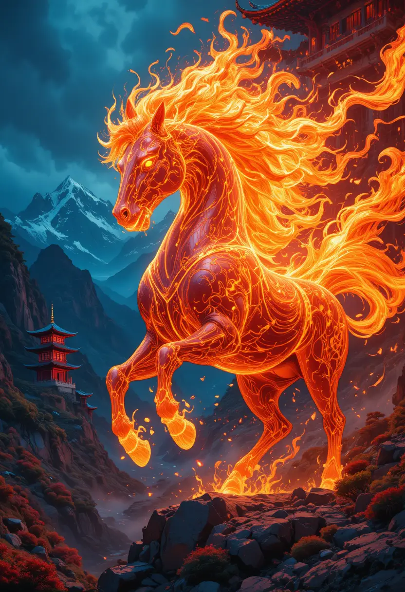 Cavallo cinese infuocato che si lancia tra montagne fantasy luminose