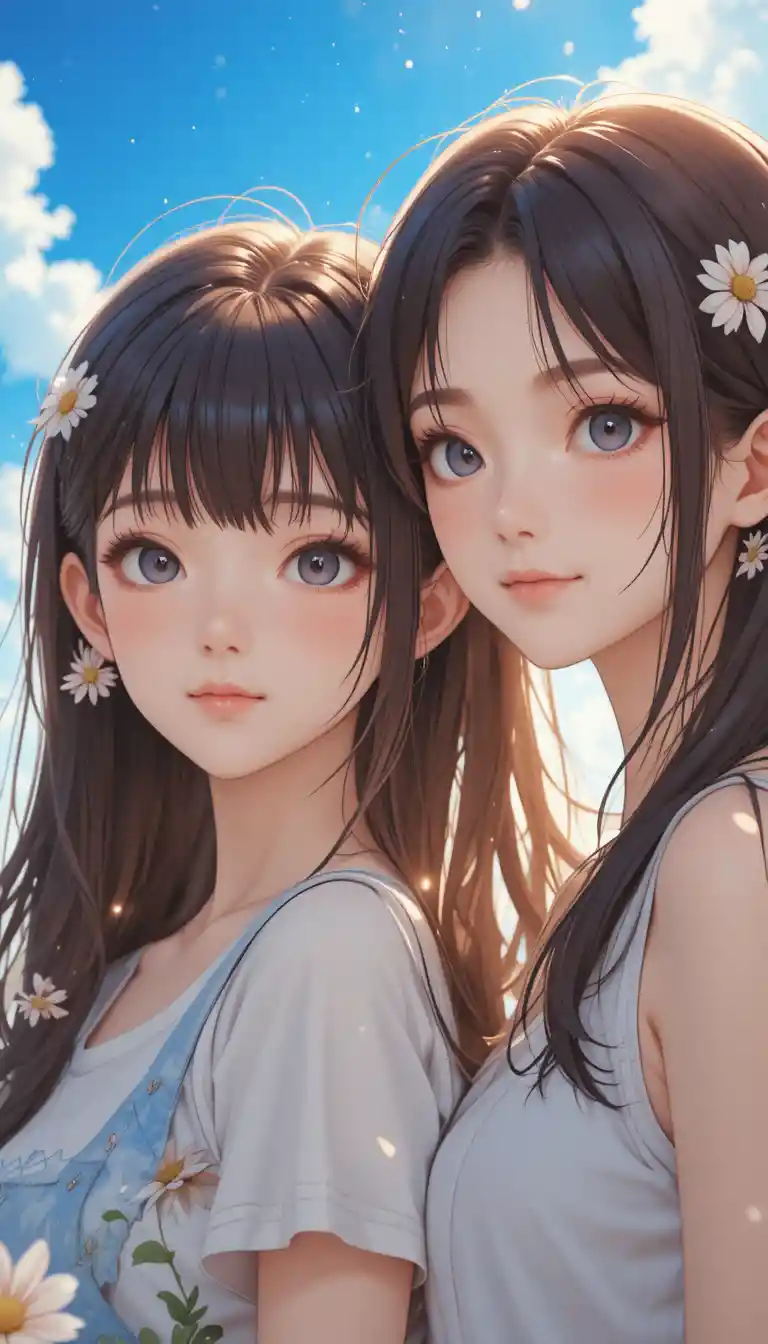 Anime-Paar in Großaufnahme unter strahlendem Sommerhimmel