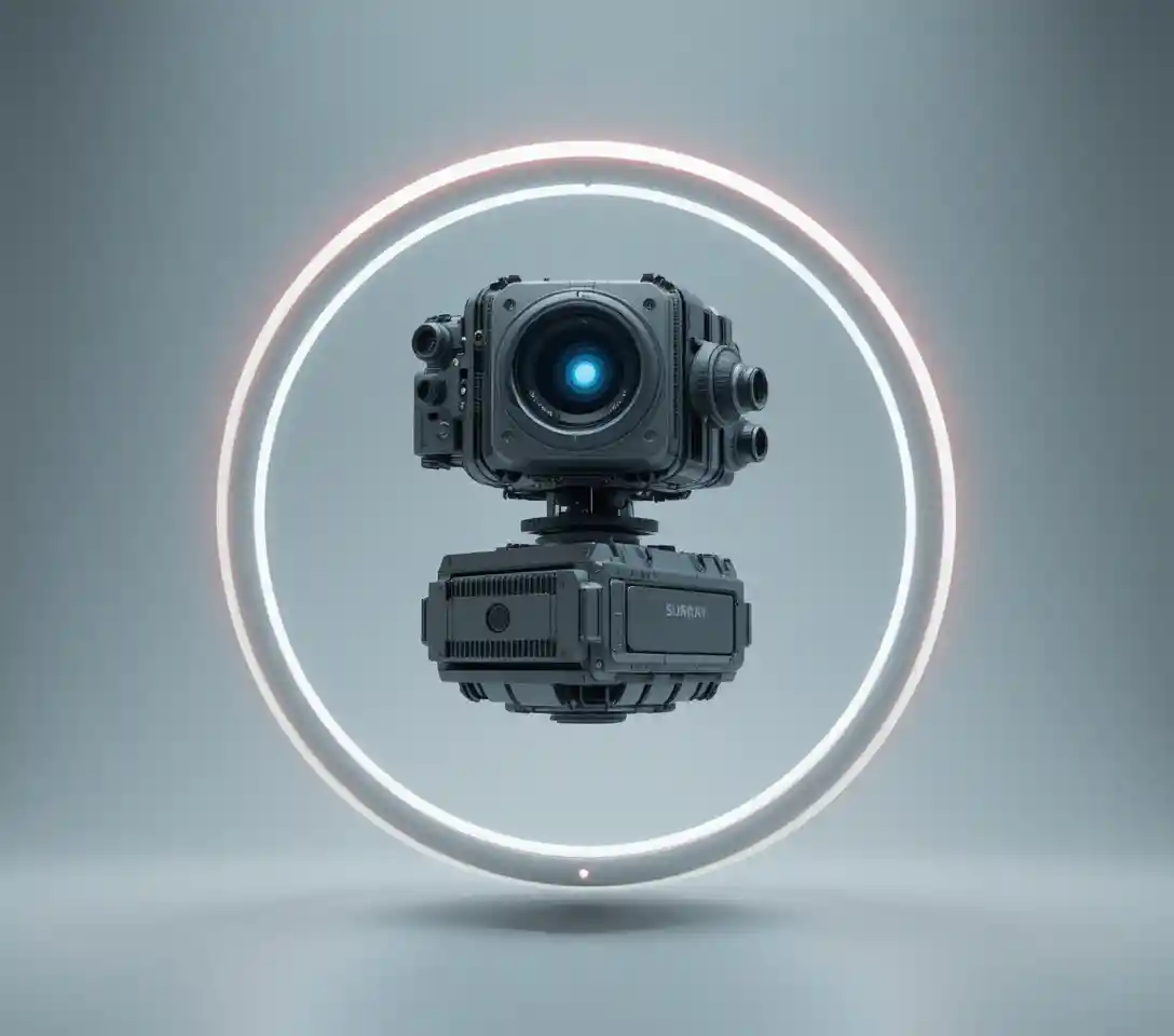 Futuristic optical targeting device with glowing central lens