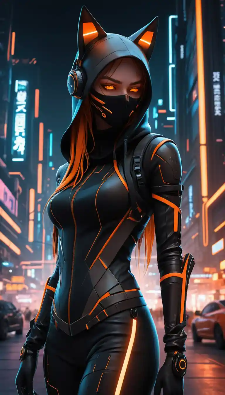 Cyberpunk girl in hooded mask with glowing amber eyes