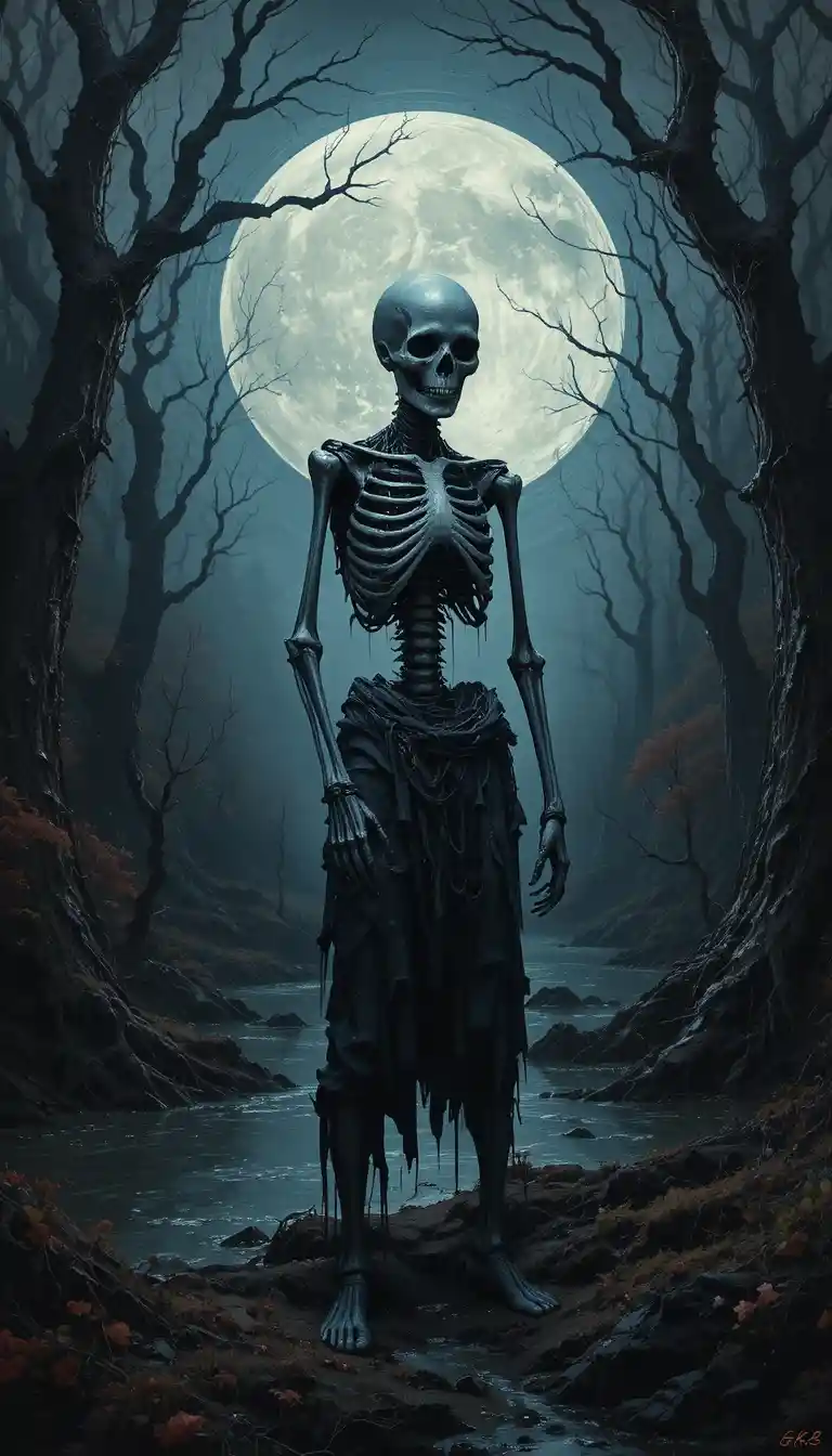 Figura esquelética bajo una luna llena brillante en un bosque oscuro