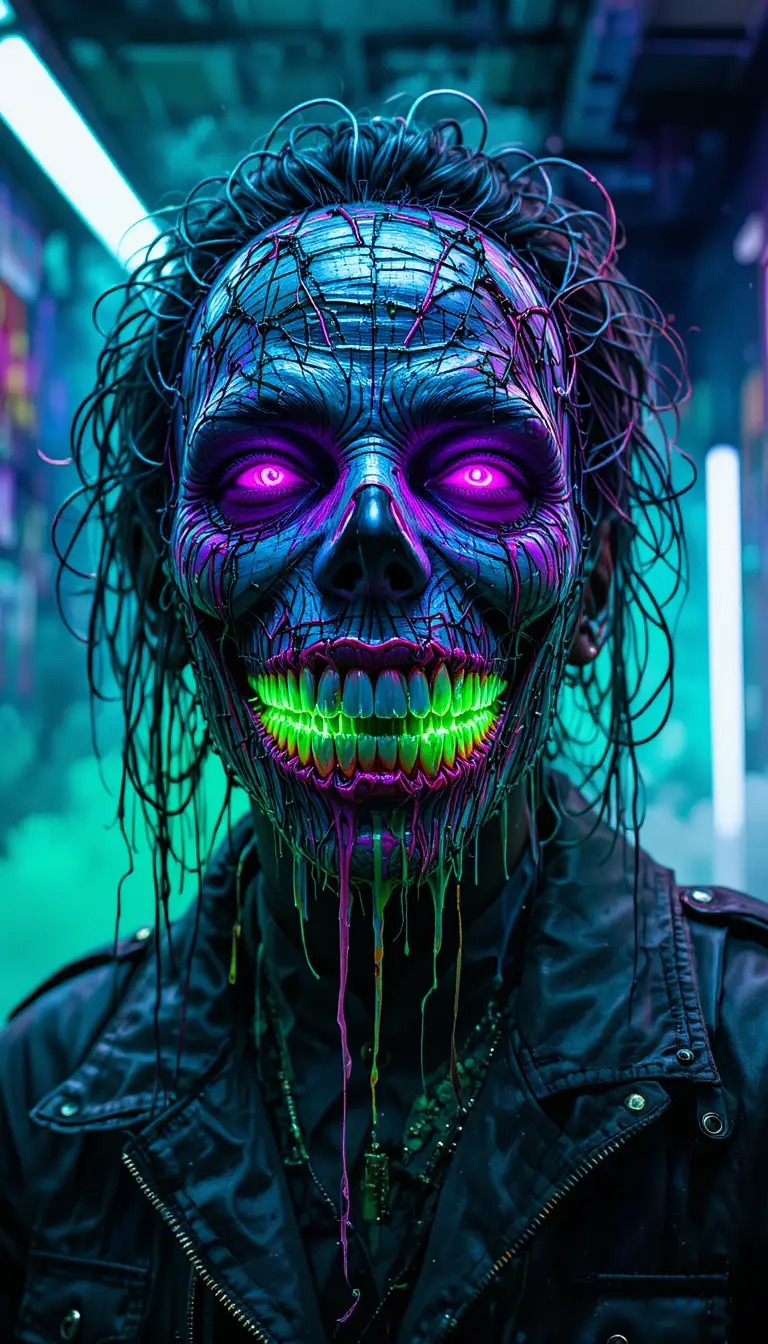 Surreal masked artist in neon underground studio portrait