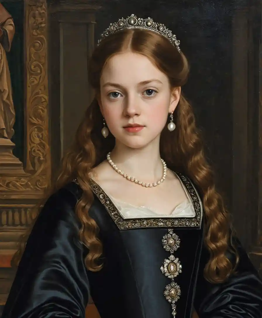 Scottish noblewoman in black satin dress renaissance portrait