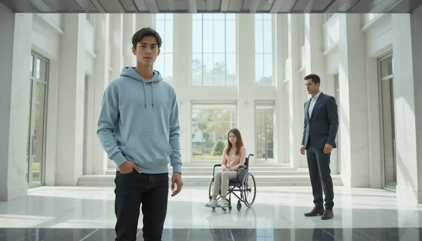 Teenage boy standing in bright modern mansion interior
