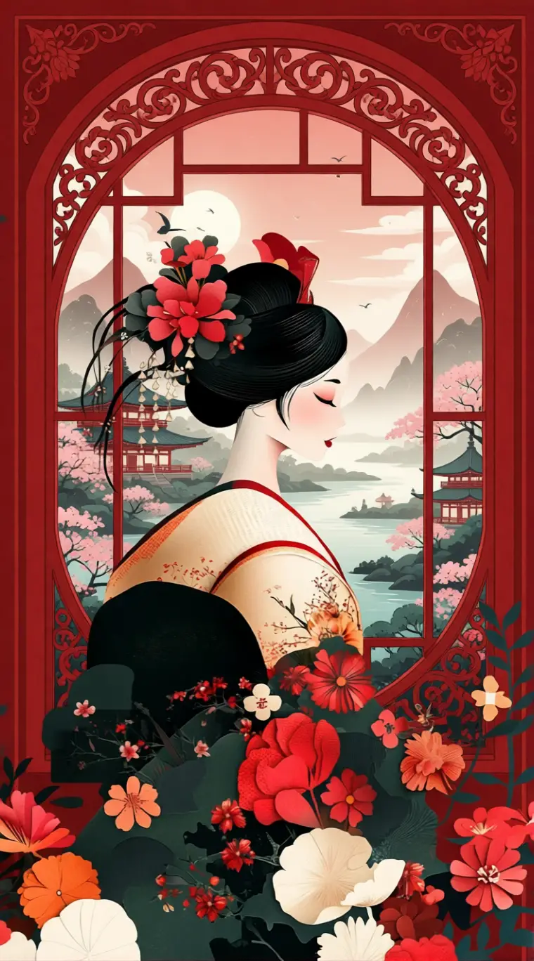 Ornate red Japanese window opening to ethereal distant landscape
