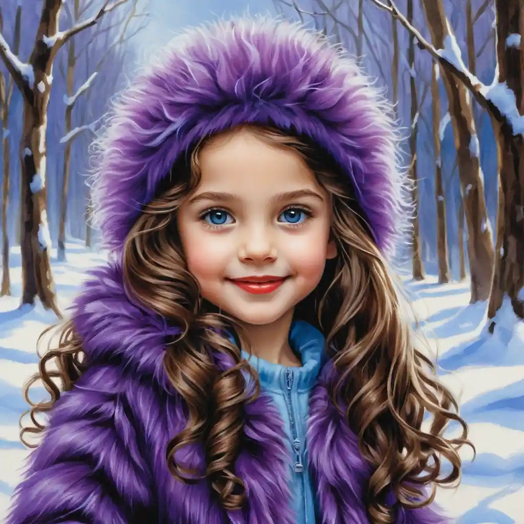 Smiling Winter Girl With Puppy In Purple Fur Clothing