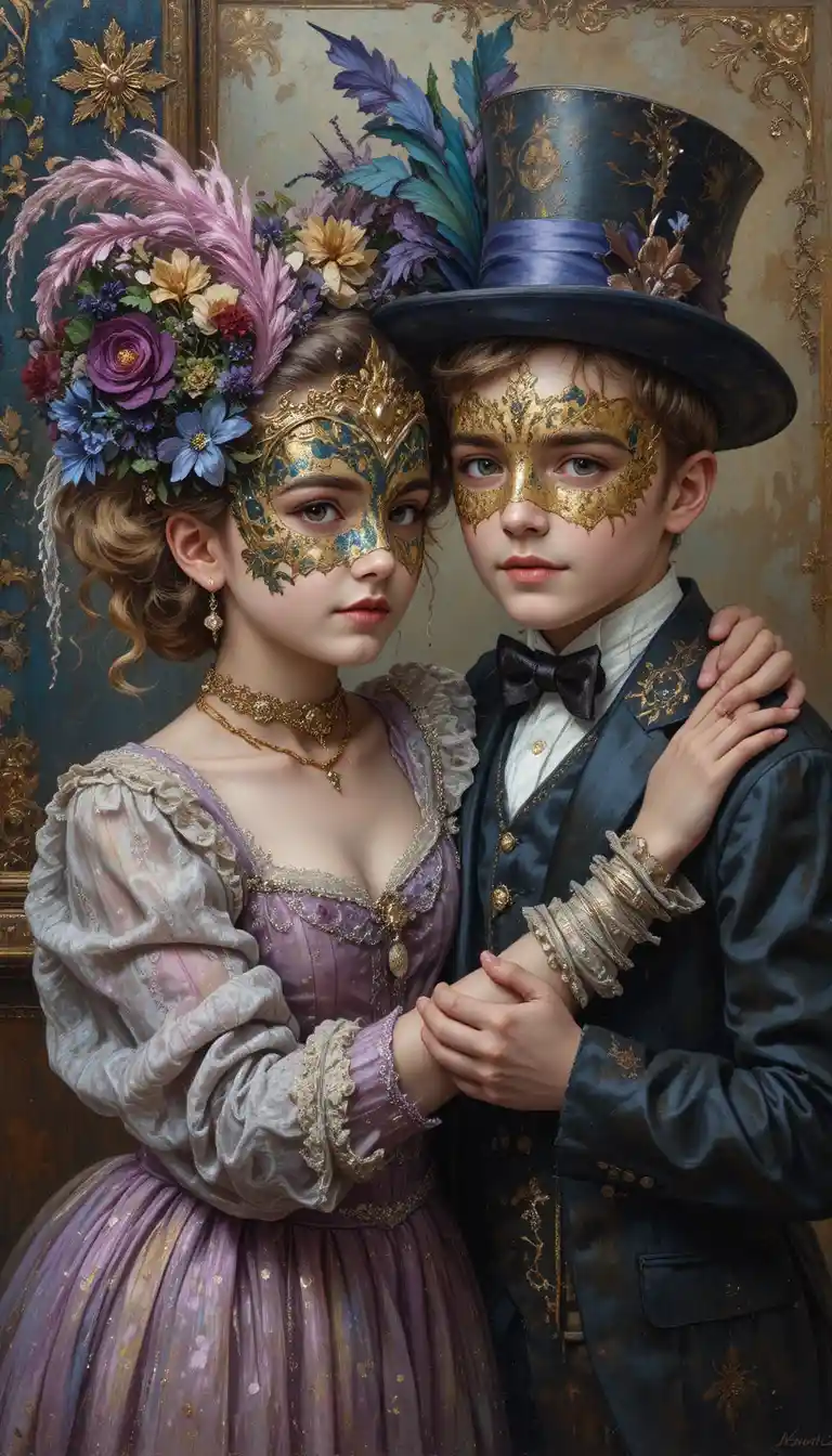 Oil painting of two children playing a masquerade game